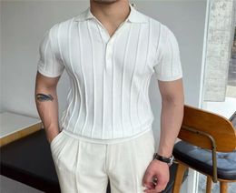 Spring Summer Knit Polo Shirt Men Casual Turn down Collar Button up Fashion Striped Solid Slim Tops Ice Silk Fabric T shirt 2206062370961