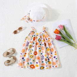Girl's Dresses (0-3 Years Old) Summer New Baby Girl Dress With Floral Cartoon Pattern Sweet Princess Birthday Party Hat H240527