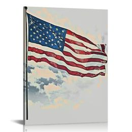 Patriotic Wall Art Prints 4th of July Paper Wall Arts Decor Watercolor American Flag Red Blue Art Posters for Independence Day Home Living Room Decoration,