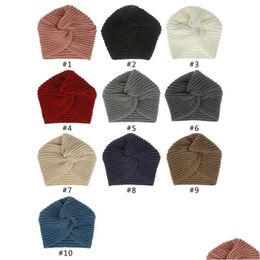 Beanie/Skull Caps Fashion Winter Women Girl Warm Knitted Beanie Solid Colour Turban Hats Headband Cross Head Wrap Drop Delivery Accesso Dhnjq