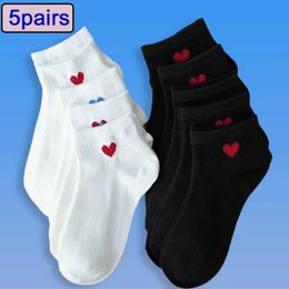 Men's Socks 5 Pairs Black White Ankle Socks Women Spring Summer Low Tube Cotton Boat Socks Cute Love Heart College JK Girls Socks Y240528