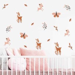 Wall Decor Boho Cute Sika Deer Butterfly Branches Watercolor Nursery Wall Decals Gifts Kids Room Girls Bedroom Sticker Removable Home Decor d240528