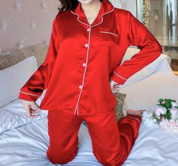 Pajamas Sets Women Lapel Imitation Silk Long Sleeve Home Wear Ladies Mujer Sexy Satin TopsPants Nightgown Sleepwear Autumn9212048