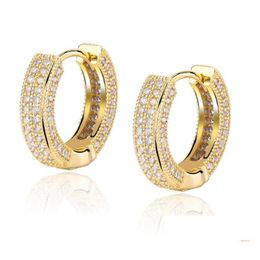 Hoop & Huggie 18K Gold Plated Copper Zircon Earrings Men Women Hip Hop Jewellery Iced Out Stud Earings Bling Diamond Earring For Gift D Dhybo