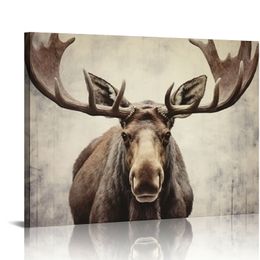 Moose Pictures Wall Decor Elmer Moose Canvas Wall Art Modern Rustic Wildlife Elk Deer with Big Horn Print Vintage Framed Artwork for Living Room Bedroom Cabin