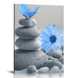 モダンなZen Canvas Wall Art Zen Stones Lotus Flower Blue and Gray Picture Artwork for Meditation Rooms Yoga Studiosスパバスルーム