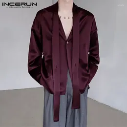 Men's Casual Shirts INCERUN Tops 2024 Korean Style Clothing Mens Satin V-neck Tie Design Summer Leisure Pendant Long Sleeved S-5XL