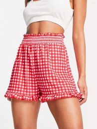 Women's Shorts Women S Summer Casual Boxer Elastic Waistband Wide Leg Plaid Streetwear