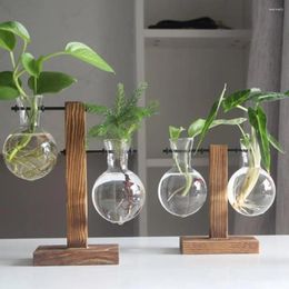 Vases Glass Vase Wood Planter Terrarium Desktop Hydroponics Bonsai Plant Flower Pot Hanging Pots With Wooden Tray Nordic Home Decor