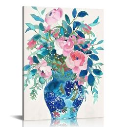 Barattolo blu tela muro arte bouquets watercolor chinoiserie decor tela tela stampare floreali poster botanico vaso rose