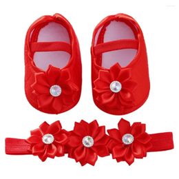 First Walkers Baby Three-Dimensional Flowers Non-Slip Toddler Shoes With The Same Flower Hair Band Girls Breathable Soft Bottom Princess
