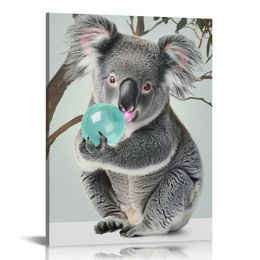 Cute Baby Koala Animal Bubble Gum Art Teal Blue Canvas Print Chewing Gum Wall Art Home Decoration Pop Art Living Room Ready to Hang