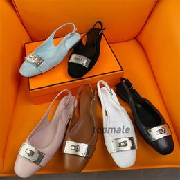 New leather sandals open heel sandals buckle leather flat top sandals ladies spring and summer with box 35-42