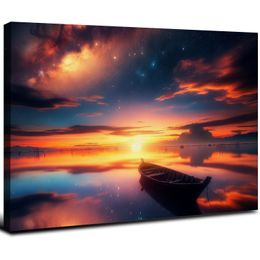 Canvas Wall Art Boat Blue Lake Water Sunset Panoramic Painting - Long Nature Canvas Artwork Contemporary Picture for Home Office Wall Decor