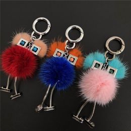 Genuine Real Fur Chick Monster Robot Doll Toy Charm Fur Pompom Ball Bag Charm Key Chain Keyring bag car phone Accessories 335l