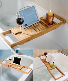 Luxury Bathroom Bamboo Bath Bathtub Shelf Bridge Tub Caddy Tray Rack Retractable Wine Glass Book Holder Bathtub Rack Support Y11255998357