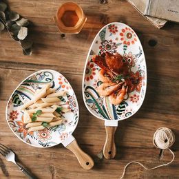 Plates Christmas Butterfly Love Flower Color Glaze With Wooden Handle Ceramic Western Noodle Bowl Fruit Plate Dishes And Sets