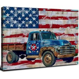 4 июля Canvas Wall Art Rame Crame Crame Decoration US Flag Truck Stars Stars Rustic Buffalo деревянный зерно эстетическое искусство стены