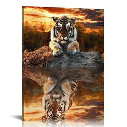Art Canvas Wall Art Framed Wall Art Wall Pictures Poster Prints Painting Tiger Artwork Office Wall Decorations for Bedroom Living Room Home Decor (16x20)