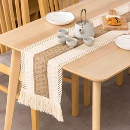 Hand Woven Jute Natural Linen Table Runner with Tassels Rustic Country Wedding Birthday Christmas Decoration for Home tablecloth 240521