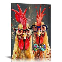 Galli tela arte murale dipinta di pollo famiglia gallo gallinecacini stampe gicloe divertenti arti di animali da fattoria per soggiorno