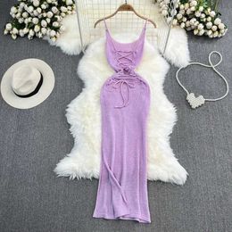 Basic Casual Dresses Blue/Purple Summer Knitted Sexy Shoulder Strap Dress Womens Tank Top Elastic Waist Body Sundress Womens Split Backless Long Dress J240527