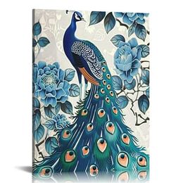 White And Blue Floral Peacock Canvas Wall Art Aesthetic Peacocks Lovers Picture Wall Decor HD Peacoc Prints Modern Artwork for Home Living Room Bedroom Bathroom