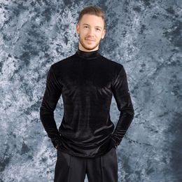 Stage Wear Men's Adult Latin Dance Tops Autumn Winter Training Clothes Black Velvet Long Sleeve High Collar Ballroom Practise Shir 178A