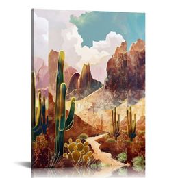 Abstract Moutain Wall Art Golden Cactus Picture Mountain Desert Landscape Painting Geometric Wall Decoration for Bedroom Living Room Decoration