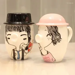 Mugs 2pc Creative Ceramic Mug Cute Coffee Cups With Lid Spoon Students Couple Water Cup A Pair Of Valentine's Day Birthday Gifts