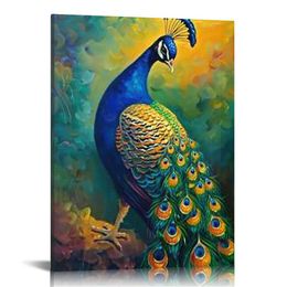 Style Elegant Peacock Canvas Wall Art Pictures Wall Decor Peacocks Feather Print Modern Decoration Artwork for Bathroom Living Room Bedroom Office