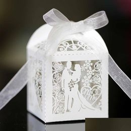 Gift Wrap 50Pcs Laser Cut Bride And Groom Candy Box Love Heart Carriage Valentines Day Favour With Ribbon Wedding Party Supplies Drop Dhagu