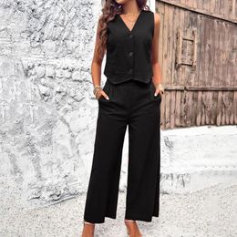 Women's Two Piece Pants Women 2 Cotton Casual Outfits V Neck Sleeveless Vest Jacket Shirt Long Straight Wide Leg Trousers With Pockets