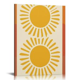 Boho Yellow Sun Sunshine Wall Art, Minimalist Sun Sunset Sunrise Sunshine Nursery Print Framed Canvas Painting Artwork Home Bathroom Girls Room Kitchen Office Decor