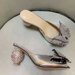 2024 Leather Ladies Real Women Genuine High Heels Summer Sandals Bead 3D Flower Flip-flops Slipper Slip-on Wedding Dress Gladiator Shoes Diam 5af