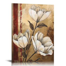Vintage Flower Canvas Wall Art Abstract Tulip Floral Picture Painting Artwork for Farmhouse Home Bedroom Decor Ready to Hang
