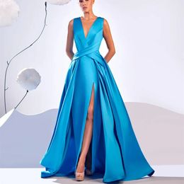 Sexy Long Ice Blue Satin Prom Dresses with Slit/Pockets A-Line Pleated V-Neck Watteau Train Zipper Back Evening Dresses for Women