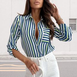 Women's Blouses Women Shirt Tops Breathable Blouse Chic Striped Print Lapel For Slim Fit Long Sleeve Workwear With Patch