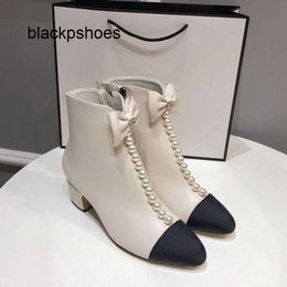 Channel CF Heel Pure Thick Chanells New Round Elegant White Pearl Elegant Short Boots