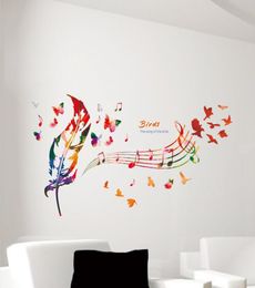 Music Note Colorful Feather Wall Decals Butterfly Pattern The song of Birds Quote Wall Sticker DIY Home Decoration Wallpaper Art D3188809