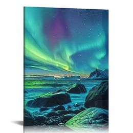 오로우 라이트 캔버스 벽 예술 화려한 오로라 보리 알리스 벽 장식 스노우 마운틴 호수 사진 큰 거실 장식 프레임 (Aurora Borealis -)