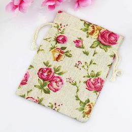 Rose Flower Linen Jewelry Gift Bag 9x12cm 10x15cm 13x17cm pack of 50 Birthday Party Wedding Drawstring Pouch sack239r 2891