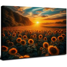 Sunflower Canvas Wall Art Sunrise in Field Landscape Picture Painting Print Modern Living Room Decor,Framed Ready to Hang