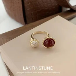 Cluster Rings Vintage Wine Red Crystal Round Open Ring For Women Exquisite Gold Colour Zircon Setting Ball Party Advanced Jewellery N500