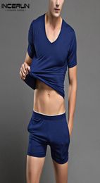 Men Pajamas Sets Solid Short Sleeve V Neck Sleepwear Tops Shorts Fitness Leisure Homewear Nightwear Suits 2 Pieces Men039s3013719