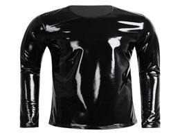 Men039s TShirts Black Men Patent Leather Street Tees Long Sleeve Zipper ONeck Tshirt Nightclub Style Metallic Shiny Hip Hop 2109511