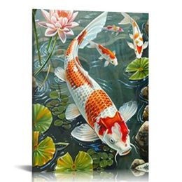 Chinese Abstract Koi Fish Landscape Painting on Canvas Poster Wall Art Living Room Decoration Home Decor Picture Cuadros Size (16x20inch)