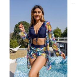 Women's Swimwear Women Swim Shorts Bikinis Set Floral Printed Swimsuits Lady 3 Pieces Bathing Suit With Kimono Cover Up For Summer Party