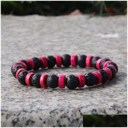 Beaded 8Mm Natural Lava Stone Wooden Strands Charm Bracelets Elastic Bangle Party Decor Handmade Jewelry For Women Men Drop Delivery Dh21I