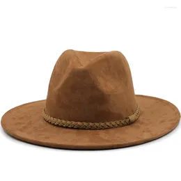 Berets Suede Fedora Hats For Women 8cm Wide Brim Dress Men Caps Felted Hat Panama Wedding Ribbon Band Sombreros De Mujer